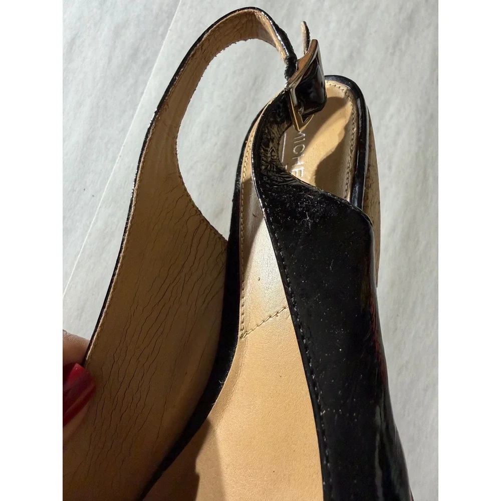 Michelle D Womens Black 7.5 Patent Leather Peep Toe Cork Wedge Slingback Sandals